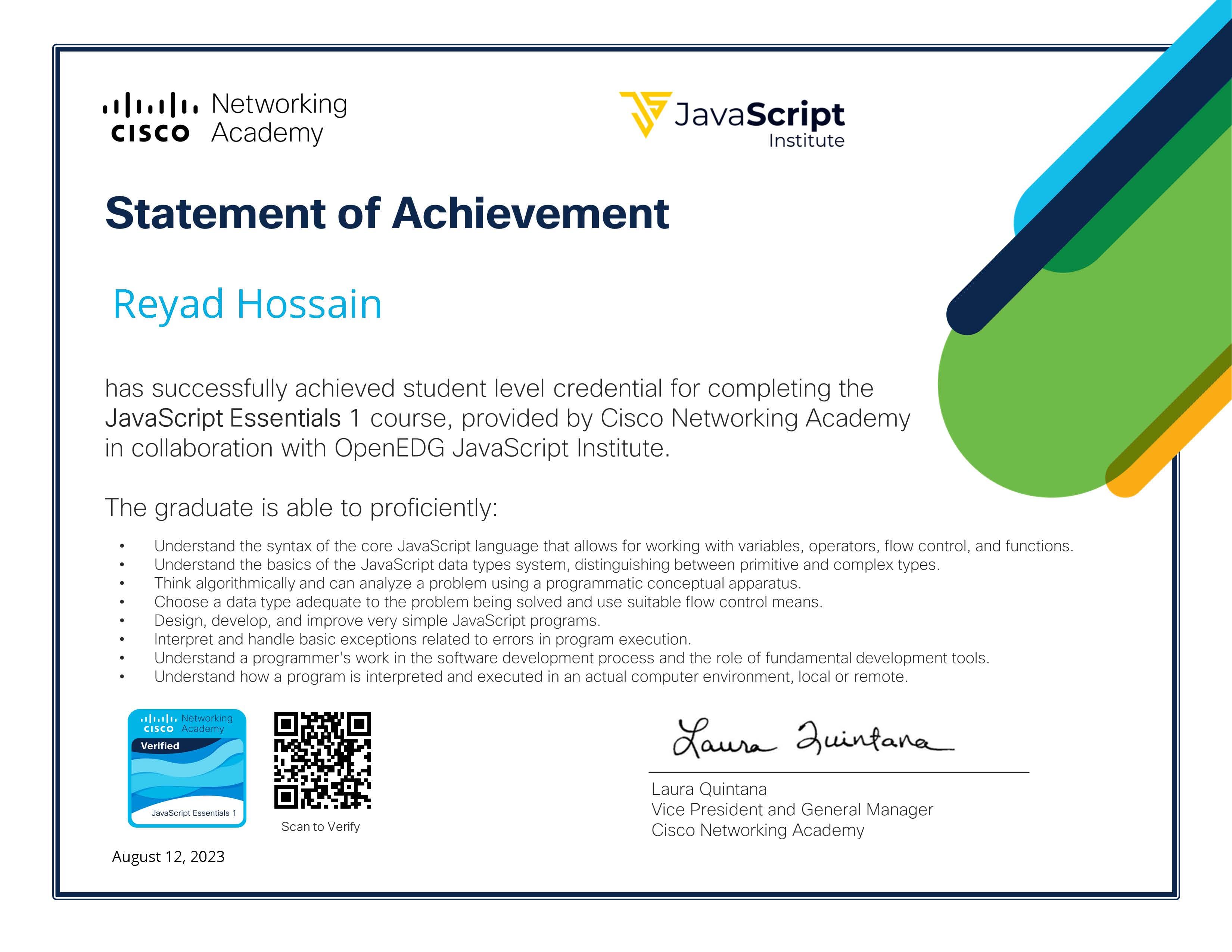 Image of Javascript Essentials Certificate | Cisco